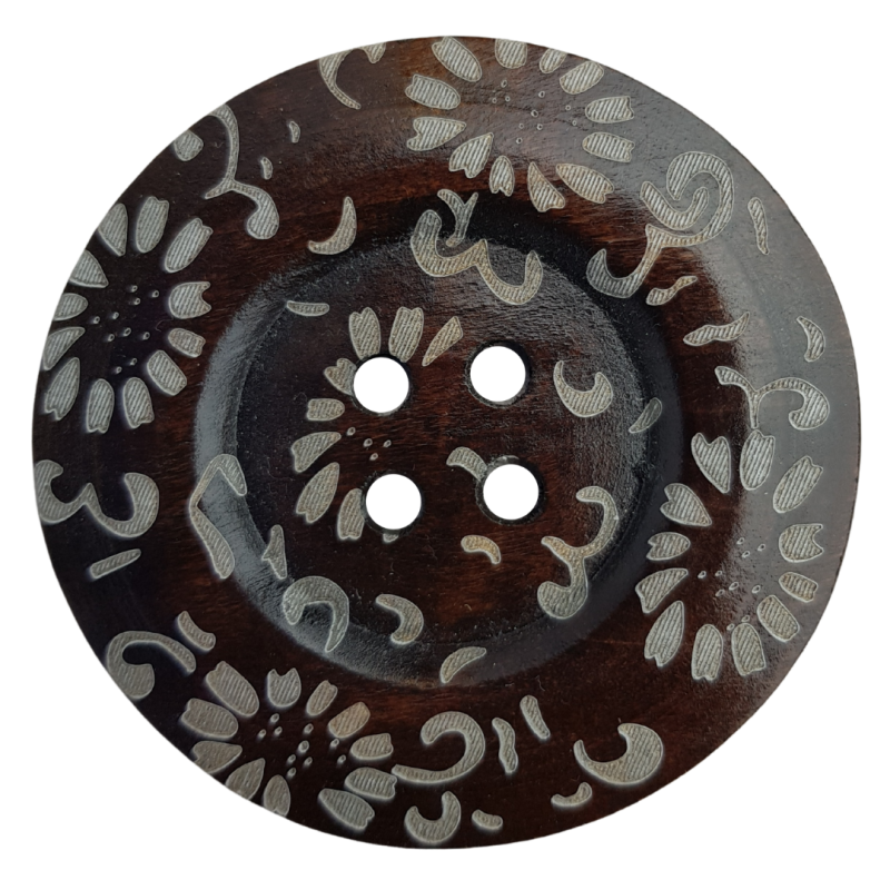 Knopf aus Holz Farbe braun mit Blumenmuster 6cm